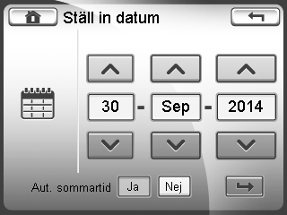 18 Värmeåtervinningsaggregat RDAS Teknisk anvisning Injustering, igångkörning (för installatör & servicepersonal) Inställningar För att komma till menyn Inställningar gör enligt följande: Datum/Tid 1.