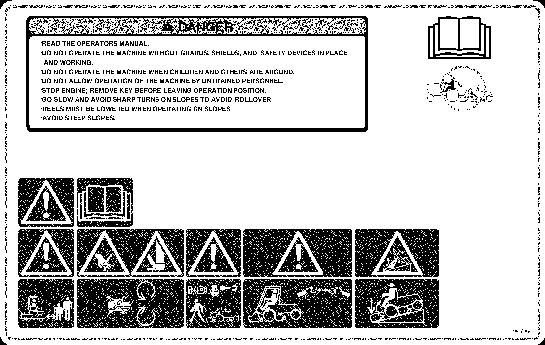07-89. Temperaturnivå 2. Flödesdelare för fyrhjulsdrift 3. På 4. Av 5. Motor avstängning 6. Motor start 7. Motor förvärmning. Läs bruksanvisningen bogsera inte maskinen. 2. Varning läs bruksanvisningen.