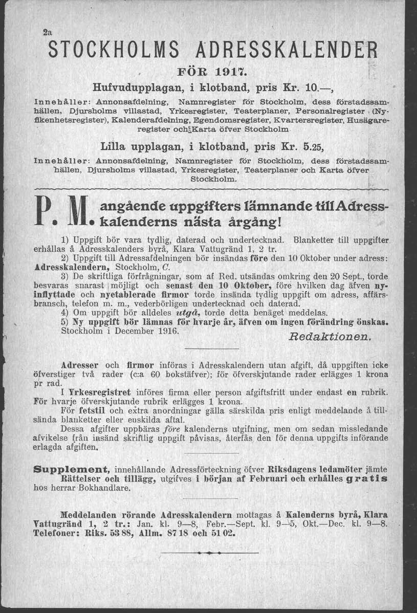 2a STOCKHOLMS..' AD RESSKA FOR 1917. I Hufvudupplaqan, i klotband, pris Kr~ 10.