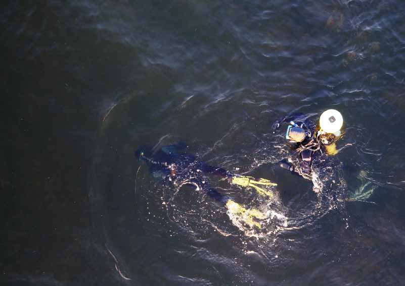 16 KVARKENRÅDETS VERKSAMHET 2012 Dykare insamlar fältverifieringsdata vid Norrskär. Bilden är tagen med projektets fjärrstyrda helikopter.
