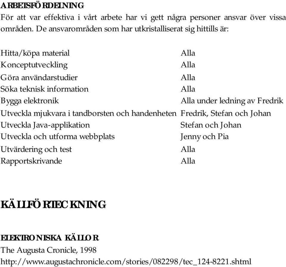 elektronik under ledning av Fredrik Utveckla mjukvara i tandborsten och handenheten Fredrik, Stefan och Johan Utveckla Java-applikation Stefan och Johan