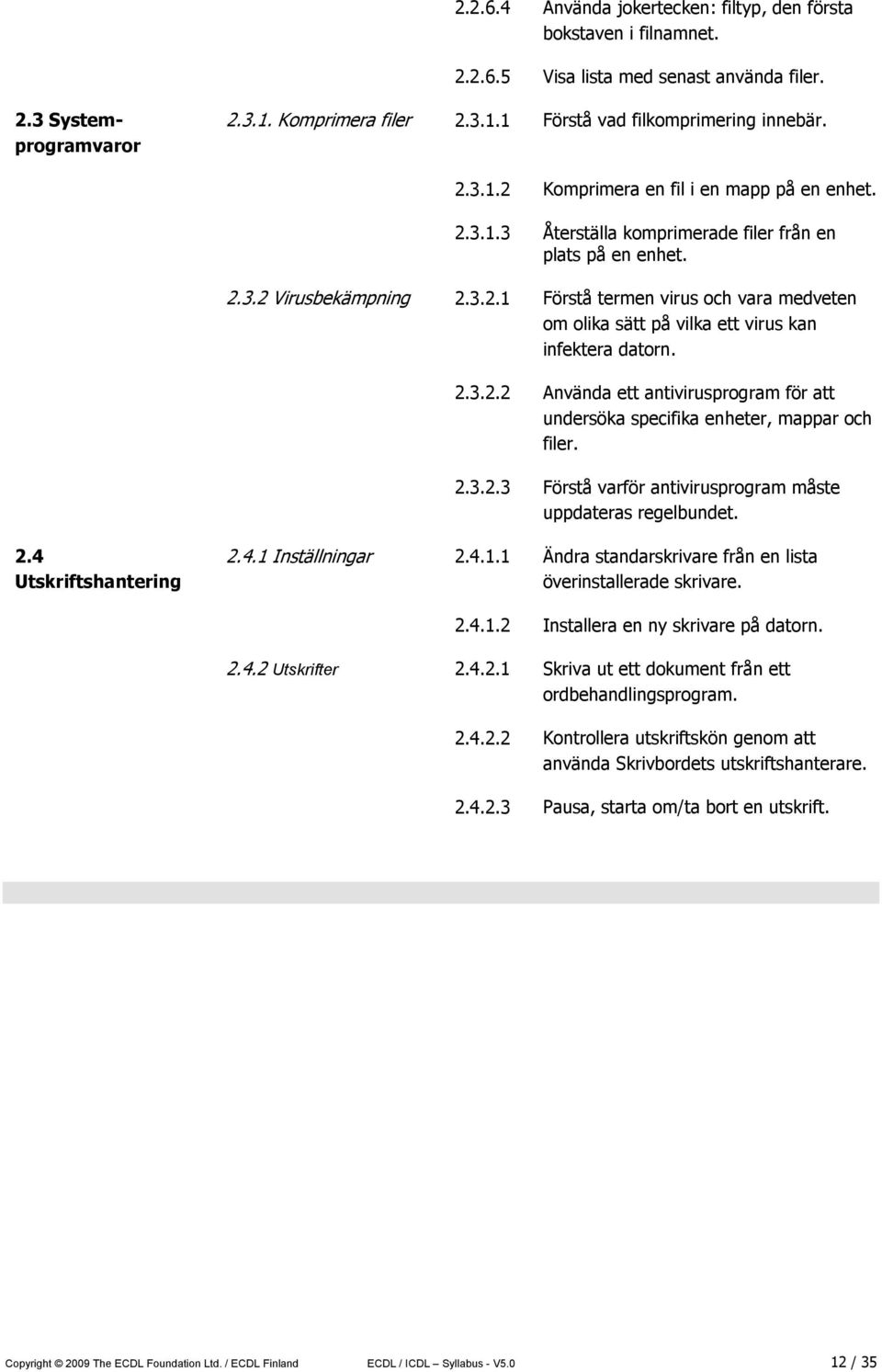 2.3.2.2 Använda ett antivirusprogram för att undersöka specifika enheter, mappar och filer. 2.3.2.3 Förstå varför antivirusprogram måste uppdateras regelbundet. 2.4 Utskriftshantering 2.4.1 Inställningar 2.