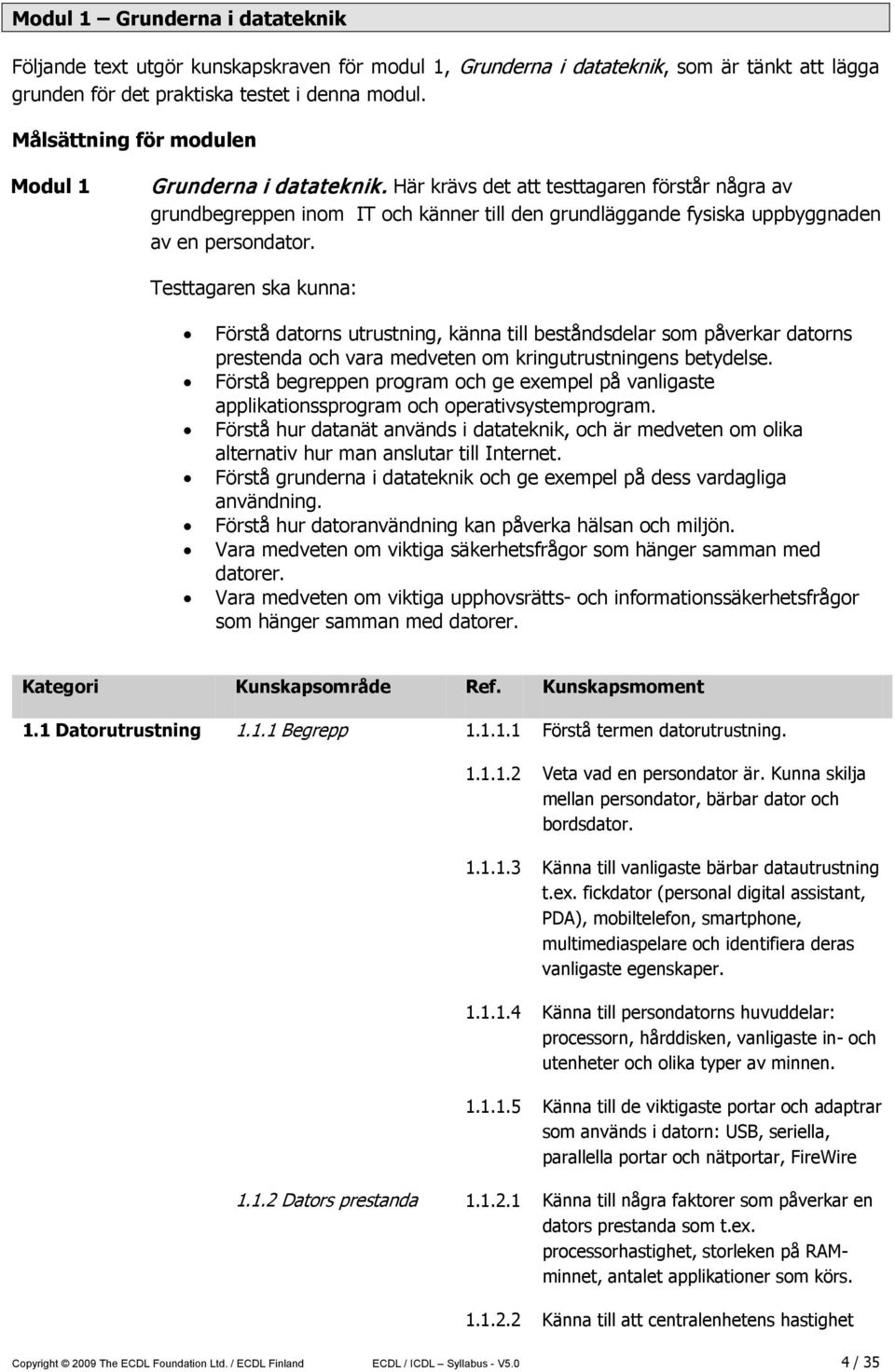 Testtagaren ska kunna: Förstå datorns utrustning, känna till beståndsdelar som påverkar datorns prestenda och vara medveten om kringutrustningens betydelse.