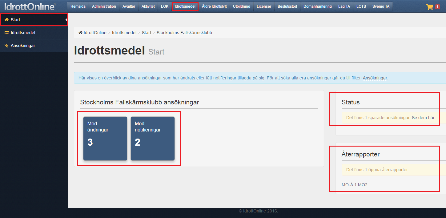 Kom igång Logga in på föreningens sida i IdrottOnline klubb. Du kommer till första sidan genom att klicka på fliken Idrottsmedel längst upp på sidan.