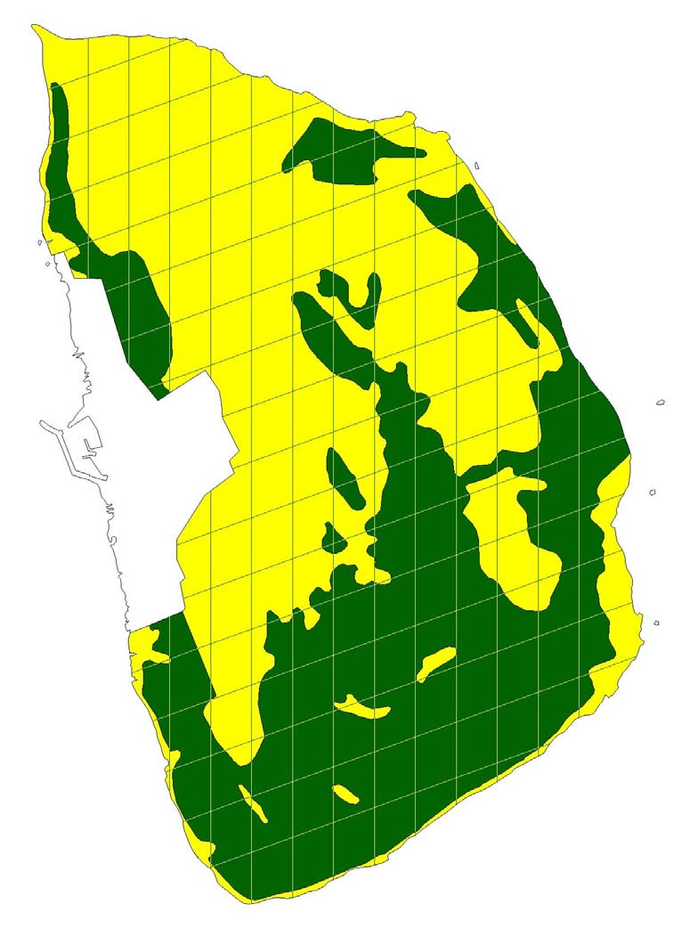 Figur 1. Karta över Hanö där gulmarkerade ytor beskriver öppna miljöer och grönmarkerade ytor beskriver slutna miljöer.