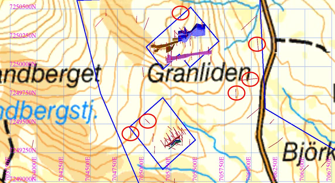 Figur 4. Tolkade mineraliserade kroppar i förekomsterna Granliden och Granliden södra. Rutnätet markerar 100*100 m.