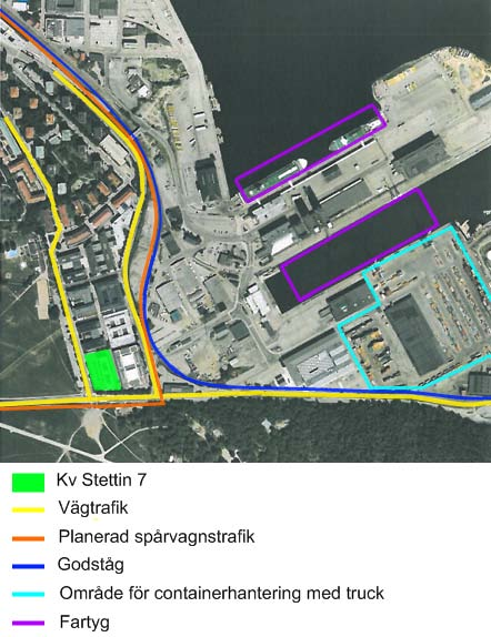 Sida: 6 av 21 Kvarteret utsätts för buller från vägtrafik och hamnverksamhet. I framtiden kommer även kvarteret utsättas för buller från tågtrafik då spårväg City planeras passera intill.