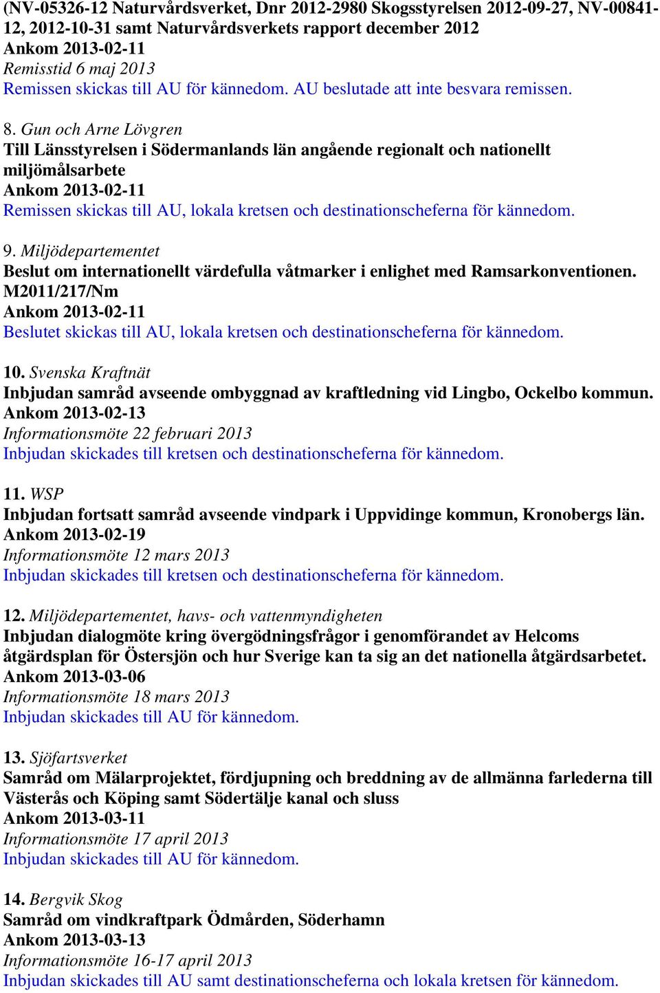 Gun och Arne Lövgren Till Länsstyrelsen i Södermanlands län angående regionalt och nationellt miljömålsarbete Ankom 2013-02-11 Remissen skickas till AU, lokala kretsen och destinationscheferna för