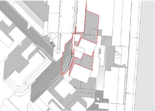 SID 17 (21) befintlig bebyggelse ger medan röd linje visar skugga från ny bebyggelse.