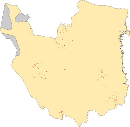 Figur 13. Geografisk fördelning av de 157 bedömningsytorna (röda prickar) som användes i Dalarna/Gävleborg. De gråa fälten visar fjällområden, som ingår i analysen.