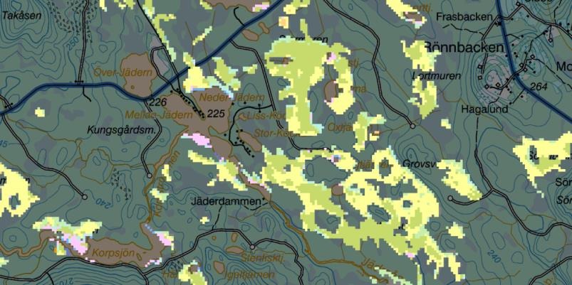 A B C Figur 22. Delområde 2 i Gävleborg ca 3 km x 6 km enligt röd rektangel i figur 20. A) Flygfoto B) Satellitbild (Landsat TM, RGB = Band 453).