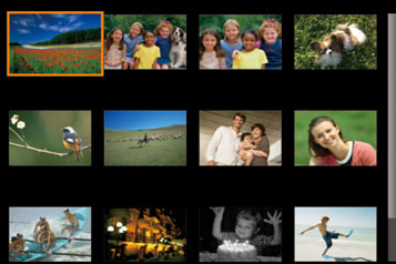 Bläddra och filtrera bilder Användning av pekskärmen z Nyp ihop fingrarna för att växla från Filmer Leta igenom bilderna i ett index enbildsvisning till indexvisning.