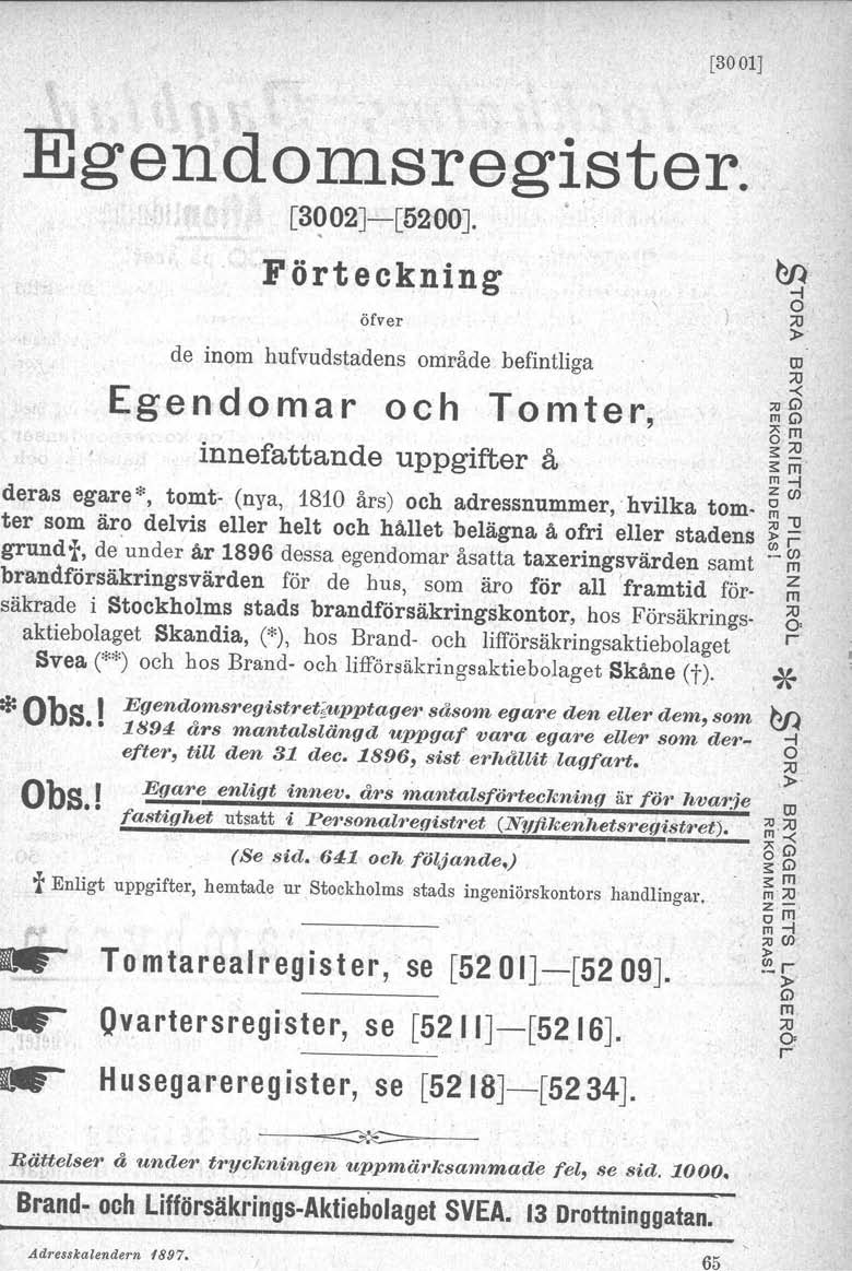 Egendomsegiste. ' [3002J-[5200J. Föteckning öfve [3001] J AJ -< ;og) mg) Am s: m' m-l deas egae*, tomt- (nya, 1810 ås) och adessnumme,hvilka tom.
