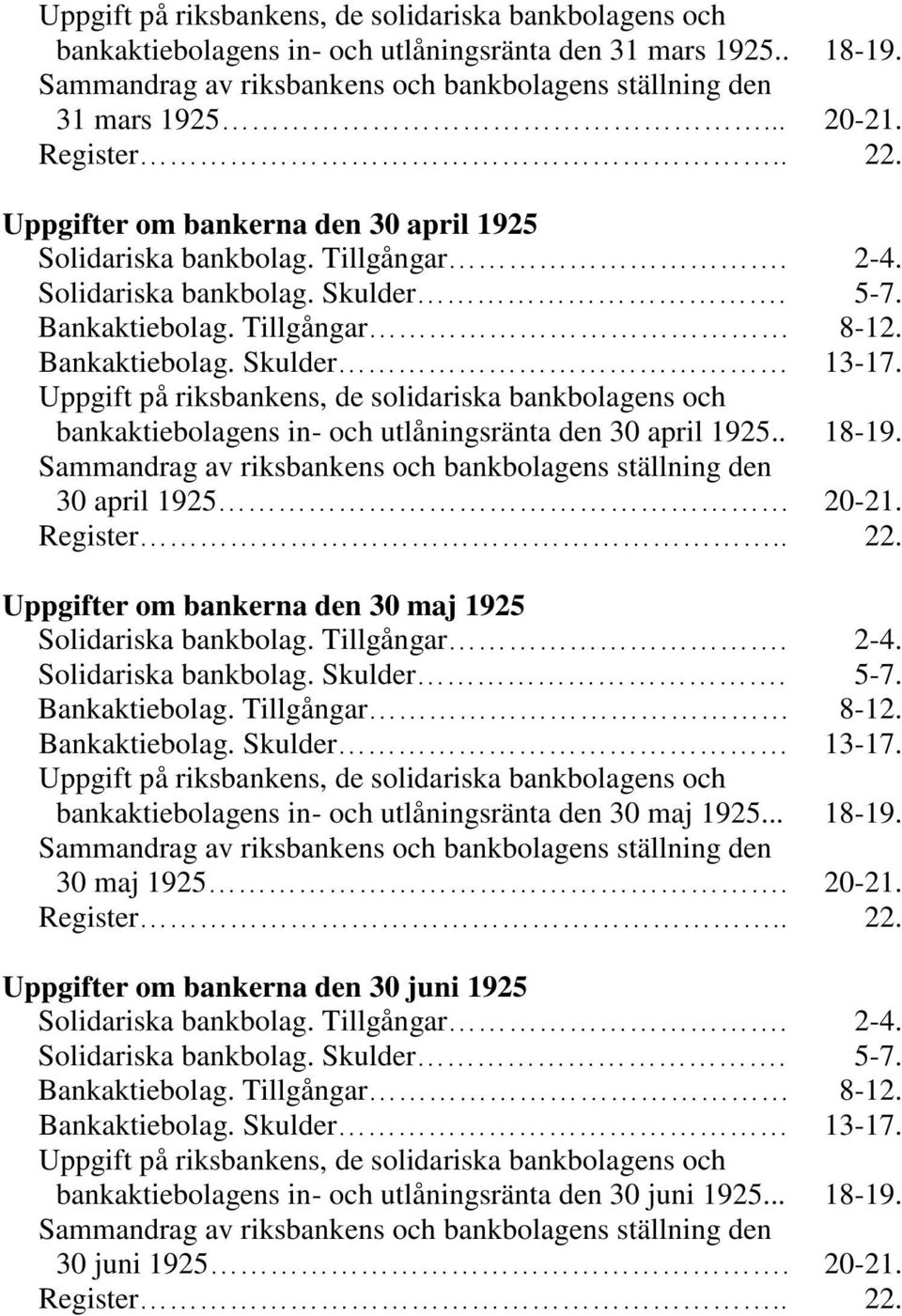 Uppgift på riksbankens, de solidariska bankbolagens och bankaktiebolagens in- och utlåningsränta den 30 april 1925.. 18-19.