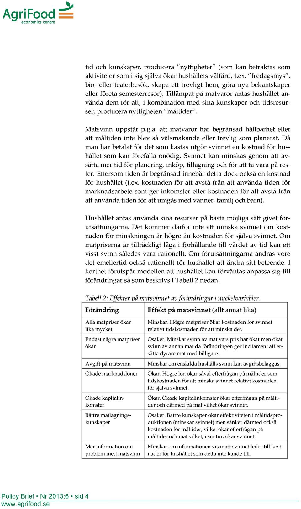 Tillämpat på matvaror antas hushållet använda dem för att, i kombination med sina kunskaper och tidsresurser, producera nyttigheten måltider. Matsvinn uppstår p.g.a. att matvaror har begränsad hållbarhet eller att måltiden inte blev så välsmakande eller trevlig som planerat.