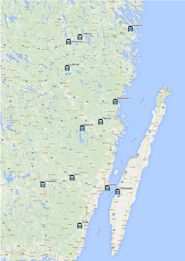 Timfordon i hela länet Flexbuss AB - Kalmar 8 st - Nybro 3 st - Oskarshamn 4 st Thomas servicetaxi o AB Torsås taxi - Kalmar 4 st - Torsås 1 st Taxi 16 000 AB - Västervik 5 st - Vimmerby 1 st -