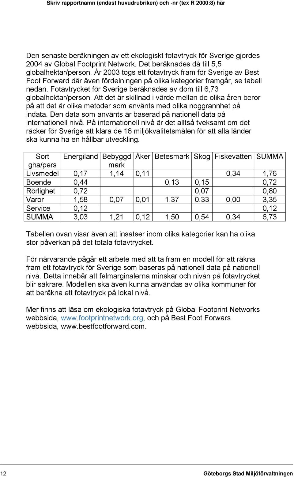 Fotavtrycket för Sverige beräknades av dom till 6,73 globalhektar/person.