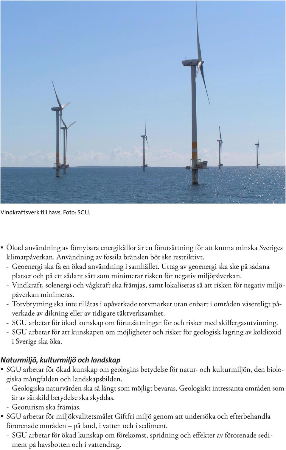 - Vindkraft, solenergi och vågkraft ska främjas, samt lokaliseras så att risken för negativ miljöpåverkan minimeras.