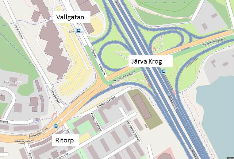 4. Kollektivtrafik Figur 5 Busshållplatser i området I anslutning till området finns tre busshållplatser, Vallagtan, Ritorp och Järva Krog.