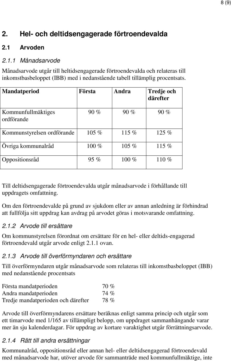 Mandatperiod Första Andra Tredje och därefter Kommunfullmäktiges ordförande 90 % 90 % 90 % Kommunstyrelsen ordförande 105 % 115 % 125 % Övriga kommunalråd 100 % 105 % 115 % Oppositionsråd 95 % 100 %