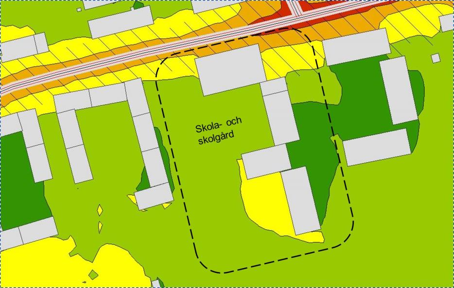 Bild 10. Kvarter med öppen södersida nu slutna. Blå fasad har ekvivalent ljudnivå över 55 dba och vit fasad har högst 55 dba ekvivalent ljudnivå.