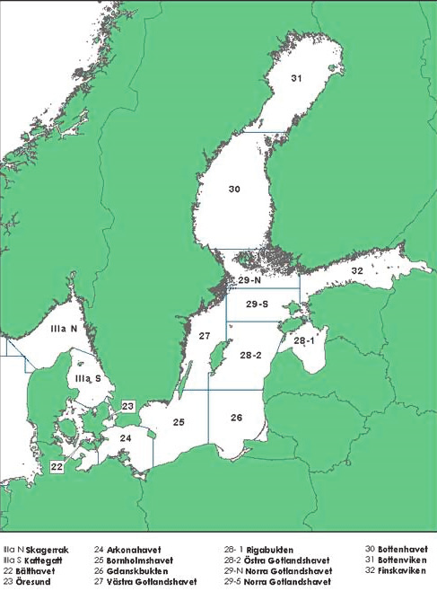 4 SVENSKT YRKESFISKE OCH BEREDNINGSINDUSTRI Figur 3 Karta över ICES indelning i delområden Källa: Havs- och vattenmyndigheten, www.havochvatten.se (avläst 2016-11-07).