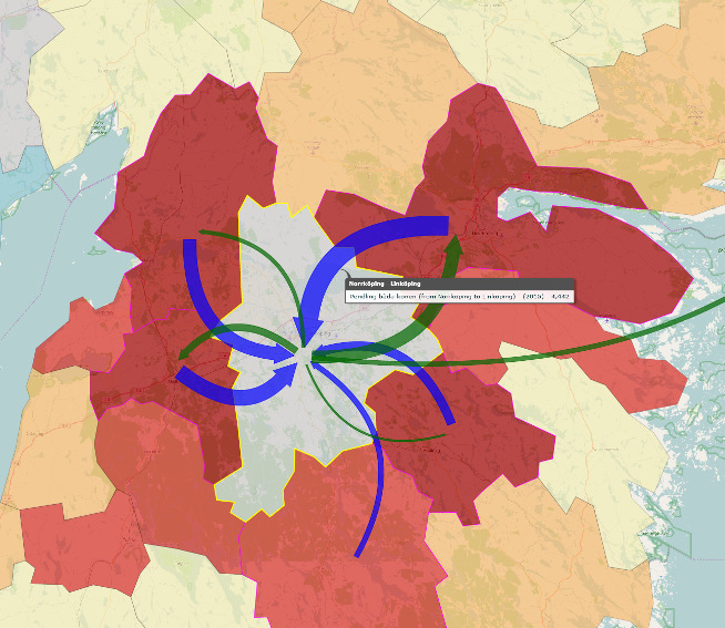 Pilarna på kartan visar de mest förekommande pendlingsrelationerna mellan Linköping och andra kommuner.