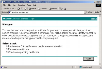 6. Nästa steg blir att gå tillbaka till vår CA (http://servernamn/certsrv/) för att hämta certifikatet.