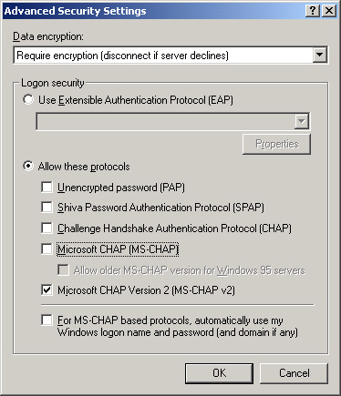 8. I detta fönster väljer man överst alternativet Require encryption (disconnect if server declines).