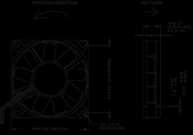 Kompaktfläkt 70x70x25 mm Benämning Spänning Märkeffekt Varvtal Märkström Ljudeffektsnivå D7025V12SH 12V 7,44W 6000 min -1 0,62A 48 db(a) D7025V12H 12V 6,24W 5500 min -1 0,52A 45 db(a) D7025V12M 12V