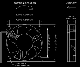 Kompaktfläkt 50x50x15 mm Benämning Spänning Märkeffekt Varvtal Märkström Ljudeffektsnivå D5015V12H 12V 2,28W 6300 min -1 0,19A 38 db(a) D5015V12M 12V 1,80W 5600 min -1 0,15A 35 db(a) Kompaktfläktar