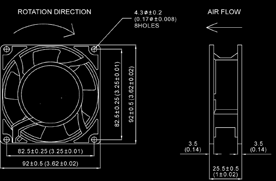 Kompaktfläkt 92x92x38 mm Benämning Märkeffekt Varvtal Märkström Ljudeffektsnivå A9238V2H 15/12W 2750/3250 min -1 0,10/0,08A 40/45 db(a) Kompaktfläktar AC Kompaktfläkt 92x92x25
