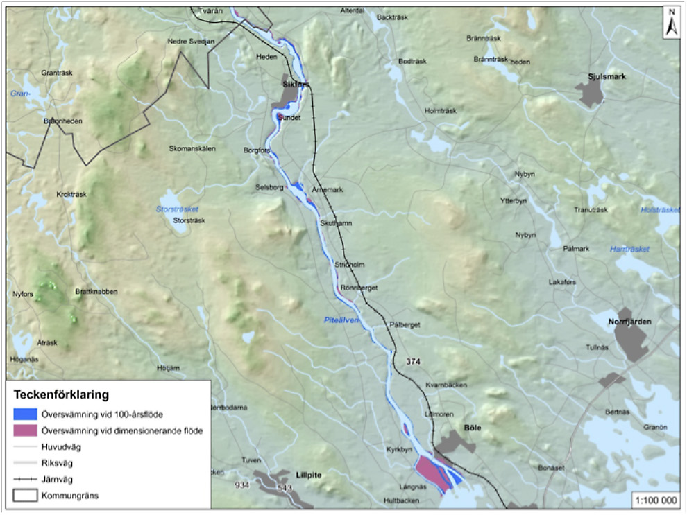 Översvämning vid 100-årsflöde Översvämning vid dimensionerande flöde Huvudväg Riksväg Järnväg Kommungräns FIGUR 11. Översvämningskarteringar längs med Piteälven i Piteå kommun.