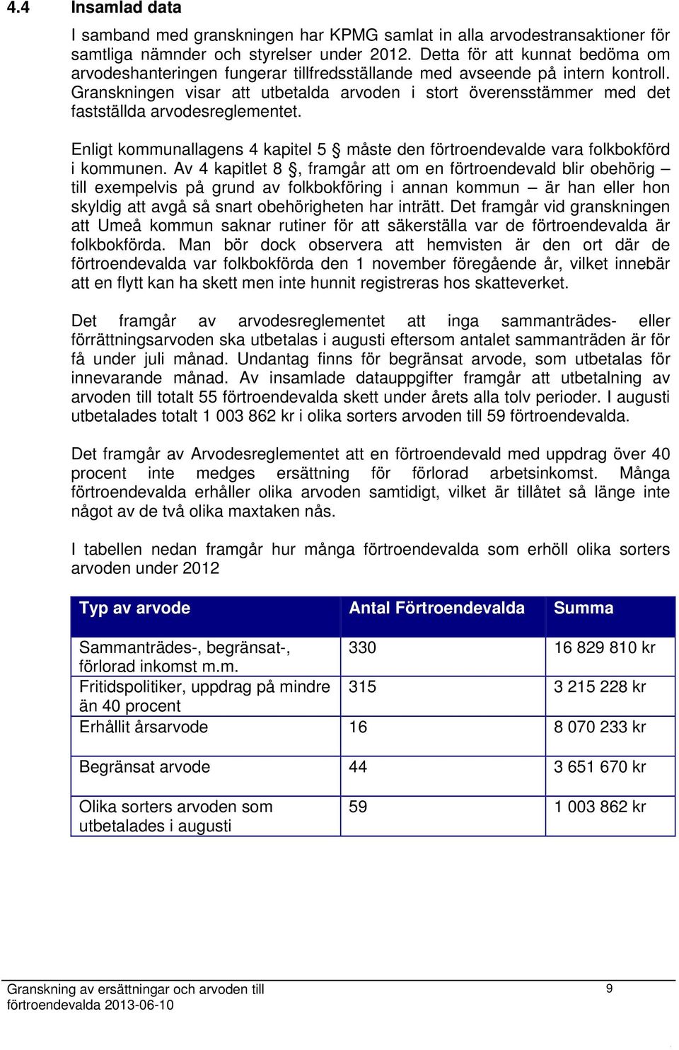 Granskningen visar att utbetalda arvoden i stort överensstämmer med det fastställda arvodesreglementet. Enligt kommunallagens 4 kapitel 5 måste den förtroendevalde vara folkbokförd i kommunen.