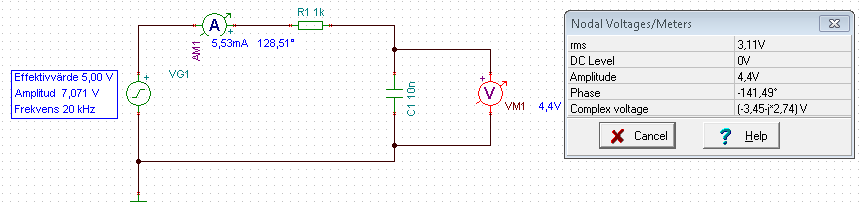 Ström och spänning VG1 är en signalgenerator som kan ge olika kurvformer, spänningar och frekvenser. För att ställa in spänning och frekvens på spänningsgeneratorn VG1 gör du så här: 1.