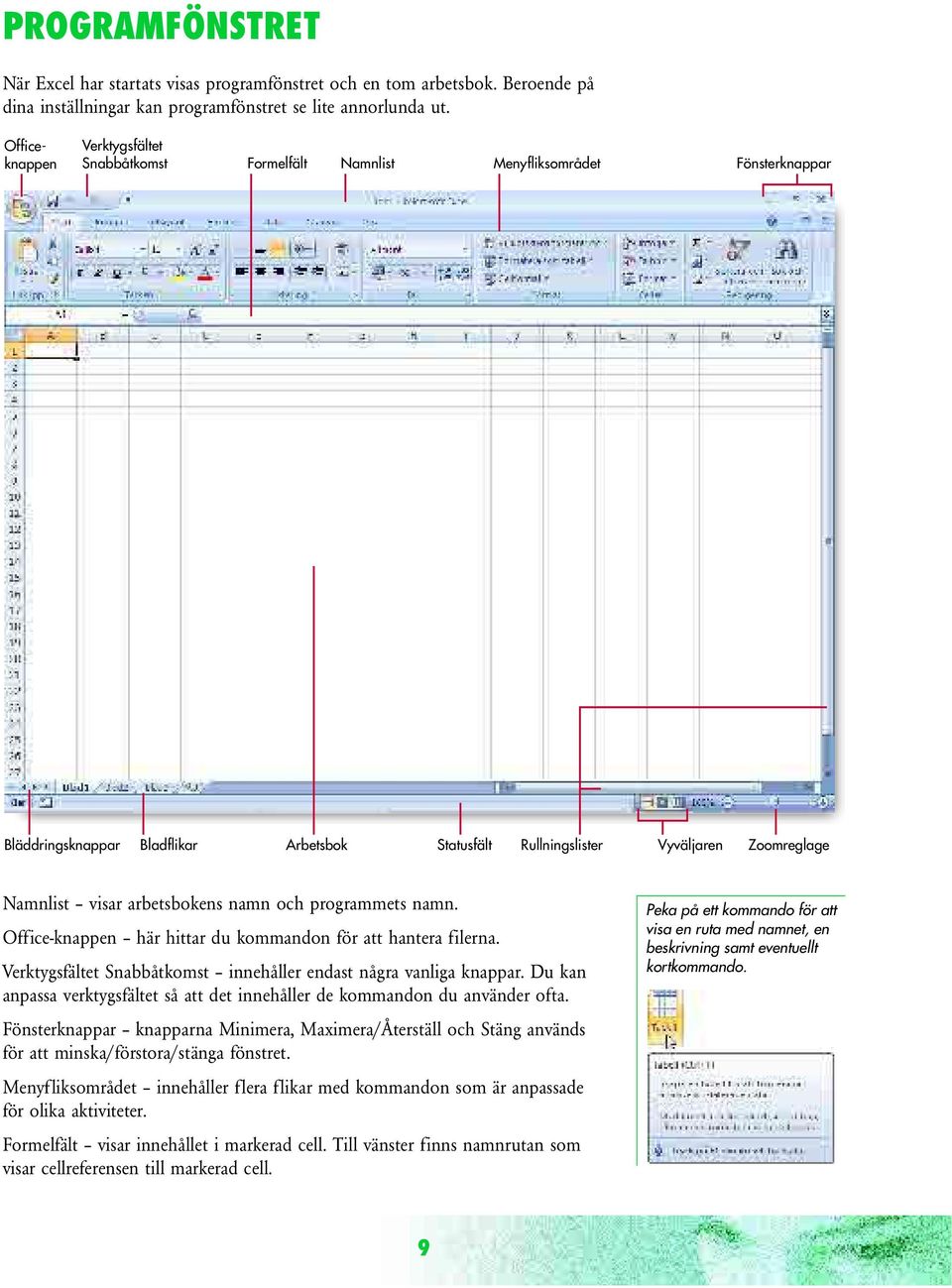 arbetsbokens namn och programmets namn. Office-knappen här hittar du kommandon för att hantera filerna. Verktygsfältet Snabbåtkomst innehåller endast några vanliga knappar.