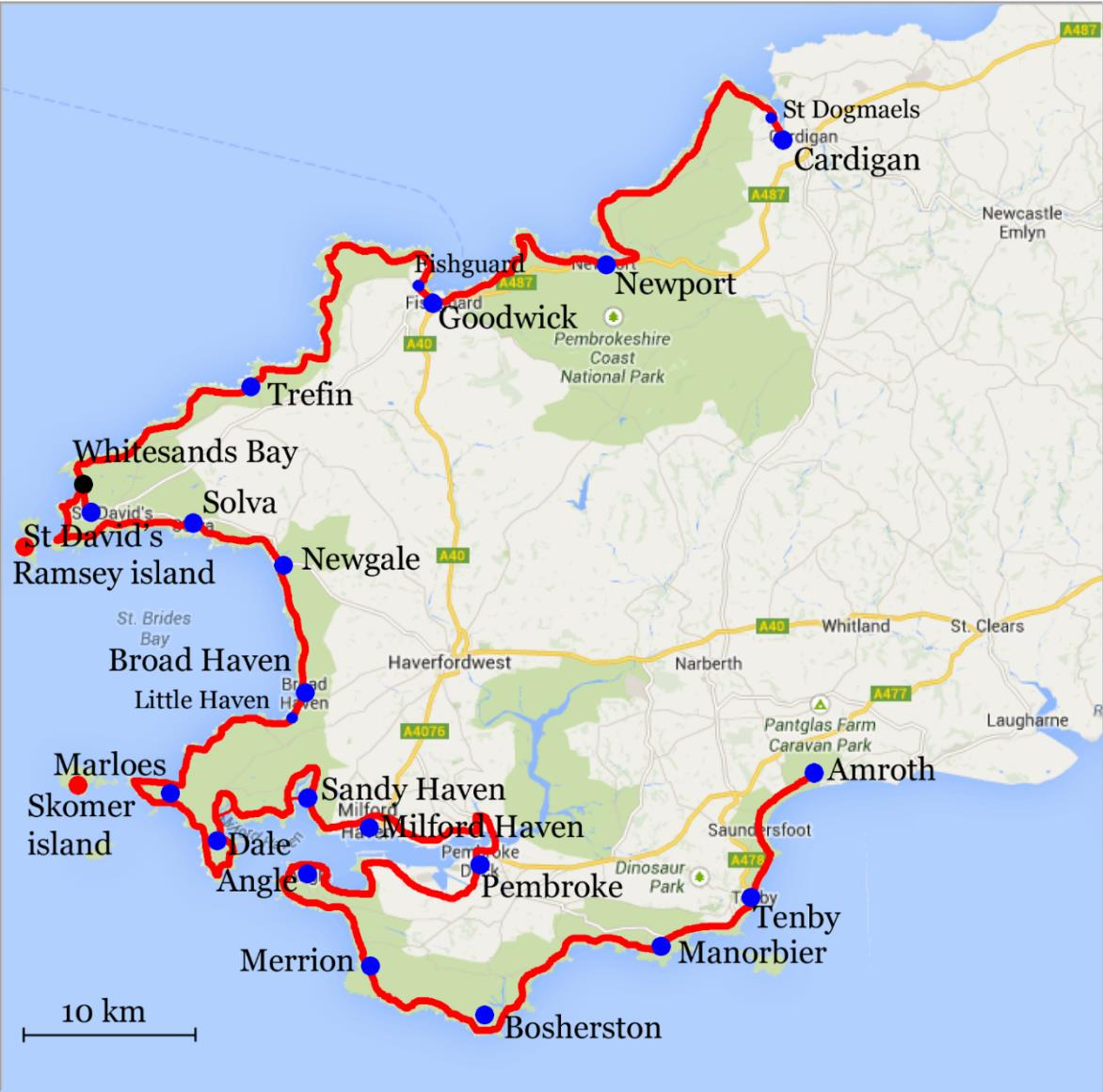 Pembrokeshire Coast Path, St David s St Dogmaels, 6 nätter 5(6) Pembrokeshire Coast Path År 1952 fick Pembrokeshires kust utmärkelsen Nationalpark, och då föreslog naturälskaren Ronald Lockley en