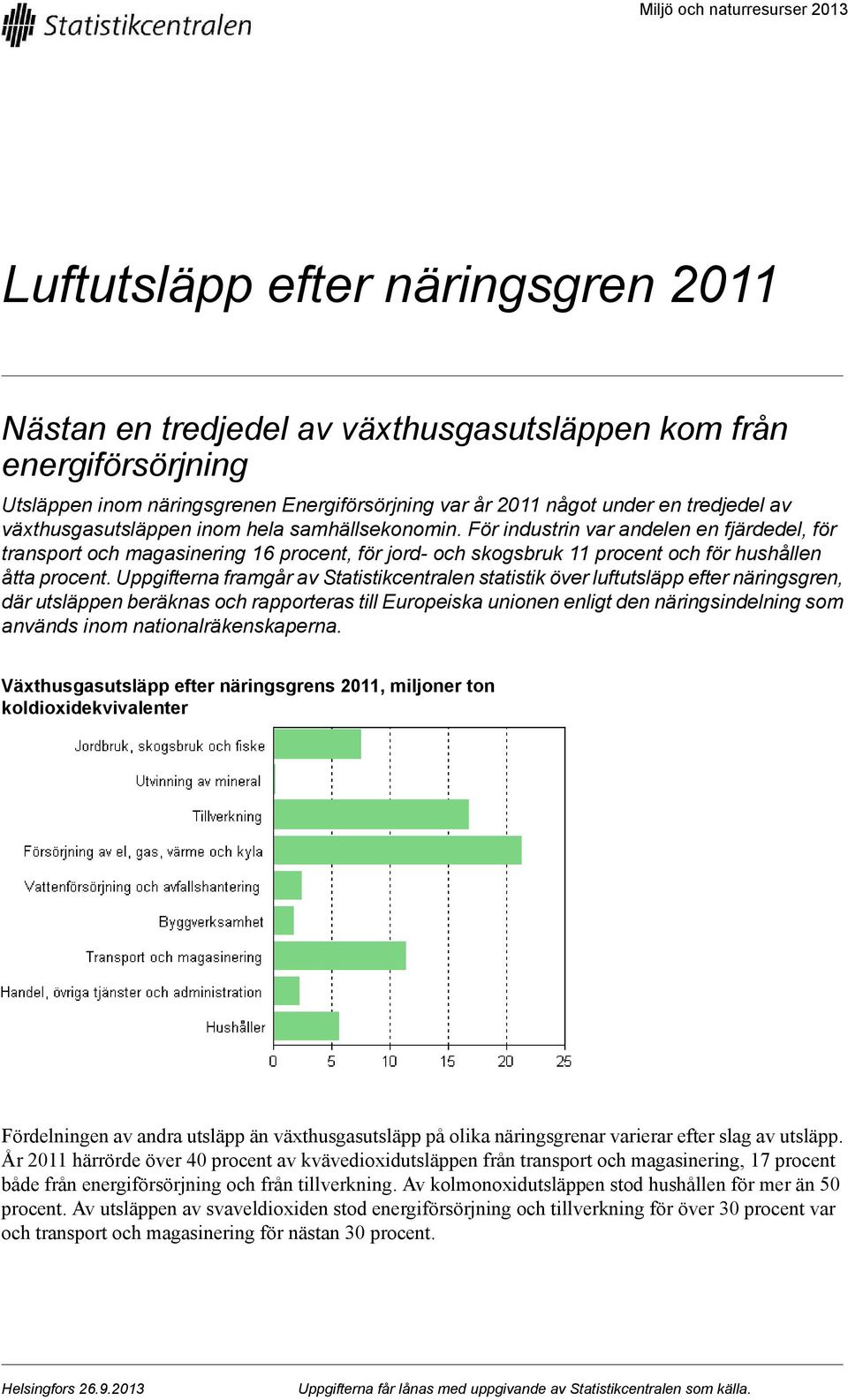 För industrin var andelen en fjärdedel, för transport och magasinering 16 procent, för jord- och skogsbruk 11 procent och för hushållen åtta procent.