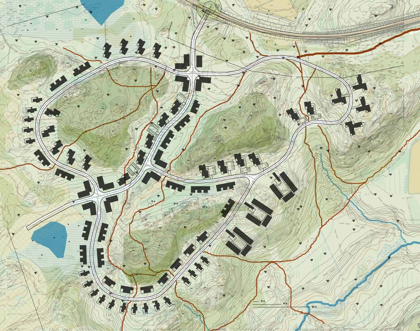 DAGVATTEN- DAMM SITUATIONSPLAN skala 1:2000/A3 Bullerzon om 70 meter närmast Överbyvägen BULLERZON 70 M ÖVERBYVÄGEN 4 st punkthus på gräddhyllan, 2 st 6 vån, 2 st 7 vån Punkthusen angörs via slingan