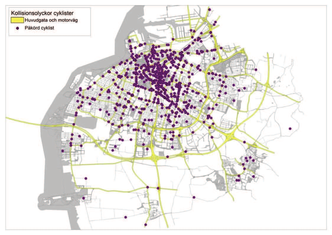 Figur 25. Cyklisters kollisionsolyckor i Malmö (2008-2012). 3.3.4 I PERSONBIL Många bilister skadas i trafiken i Malmö, men en majoritet av dessa får enbart lindriga skador.