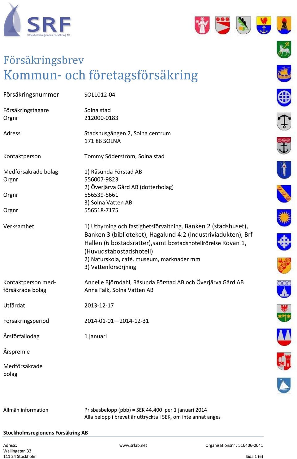 medförsäkrade bolag 1) Uthyrning och fastighetsförvaltning, Banken 2 (stadshuset), Banken 3 (biblioteket), Hagalund 4:2 (Industriviadukten), Brf Hallen (6 bostadsrätter),samt bostadshotellrörelse