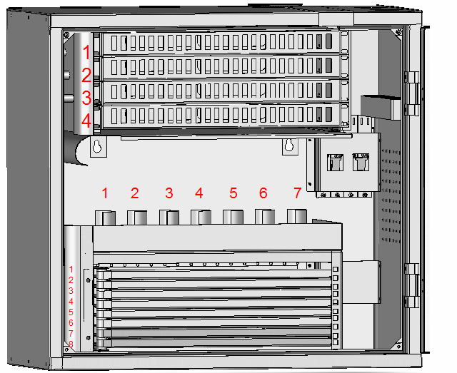 Preparering av kabel kommande från kk-boxar Placera den första boxen som skall installeras på plats 4, se bild. Kabeln fästs med buntband på täcklocket som sitter över kabelklämmorna.