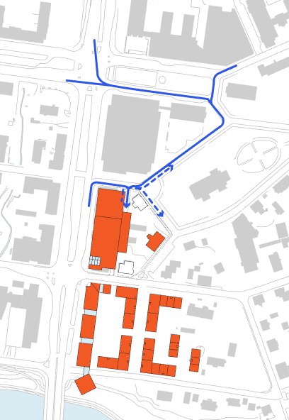 Genom att det skiljer en våning mellan Nygatan och Storgatan är det positivt om detta kan användas så att två våningar matas mot Storgatan och resterande mot Nygatan som figuren visar.