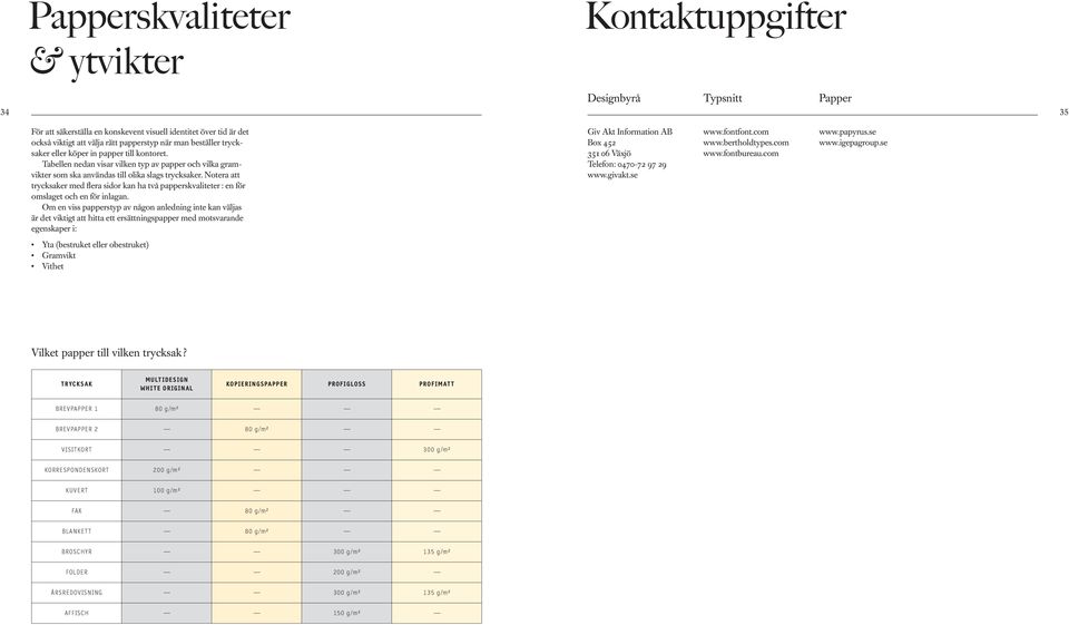 Notera att trycksaker med flera sidor kan ha två papperskvaliteter : en för omslaget och en för inlagan.