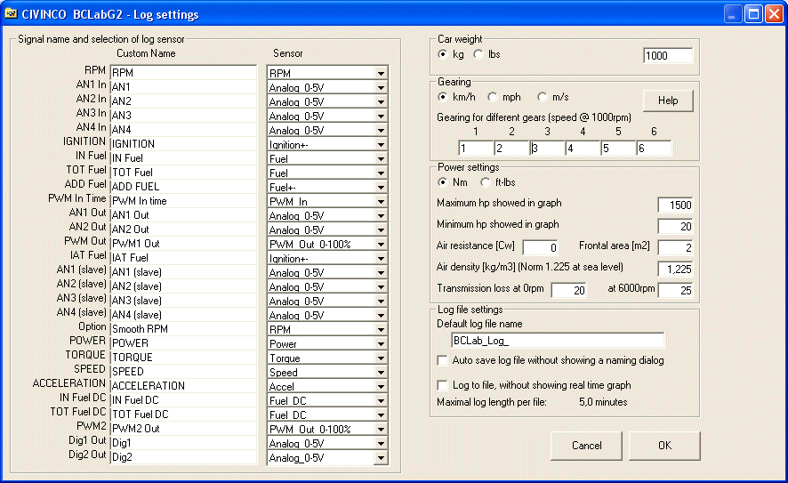 BC LOG SETTINGS Signal name and selection of log sensor Normalt logga BCLab 20 signaler. Signalerna har olika grundnamn, vilka ses i första kolumnen.