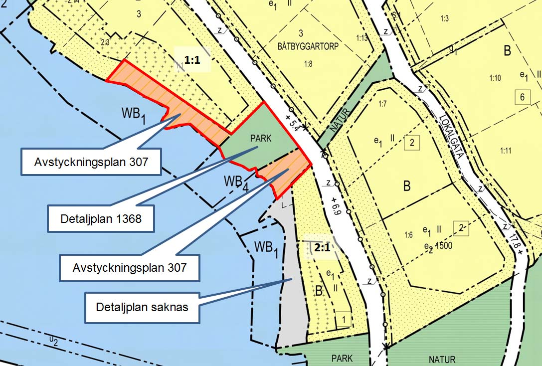 Genom att delar av detaljplan 1368 undantogs från antagandet finns det ett område som saknar detaljplan samt två områden där avstyckningsplan 307 från 1944 gäller.