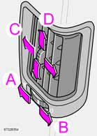Klimat Allmänt om klimat Ventilationsmunstycken i dörrstolparna A. Öppet B. Stängt C. Riktning av luftströmmen i sidled D.