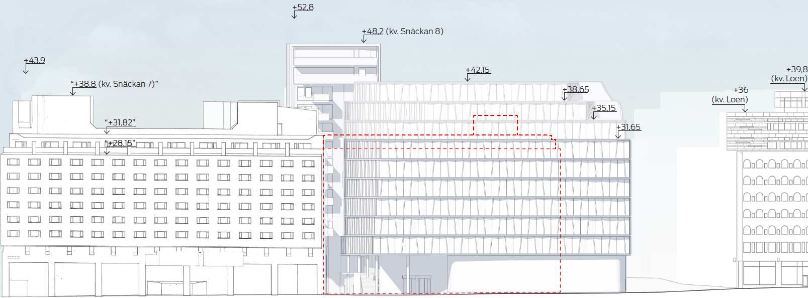 SID 6 (11) Gatuvyer med föreslagen utökning av byggnadsvolymen markerad gul och ny totalhöjd enligt svart linje. Befintlig byggnadsvolym markerad med ljus yta och streckad röd linje.