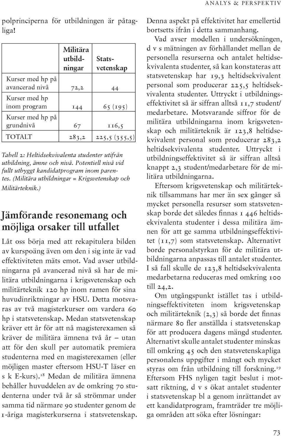 Heltidsekvivalenta studenter utifrån utbildning, ämne och nivå. Potentiell nivå vid fullt utbyggt kandidatprogram inom parentes. (Militära utbildningar = Krigsvetenskap och Militärteknik.