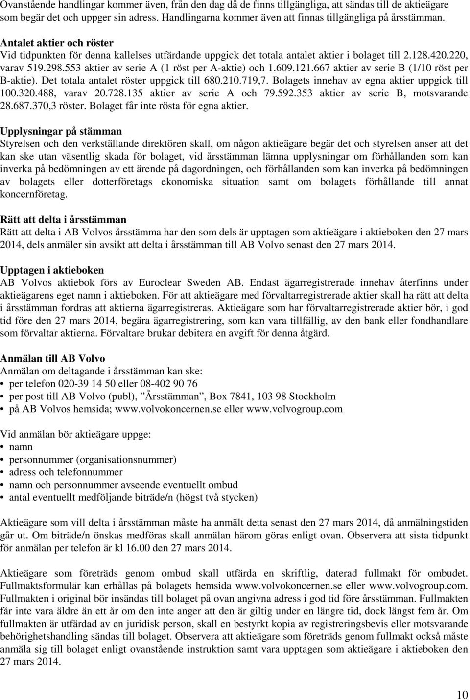 220, varav 519.298.553 aktier av serie A (1 röst per A-aktie) och 1.609.121.667 aktier av serie B (1/10 röst per B-aktie). Det totala antalet röster uppgick till 680.210.719,7.